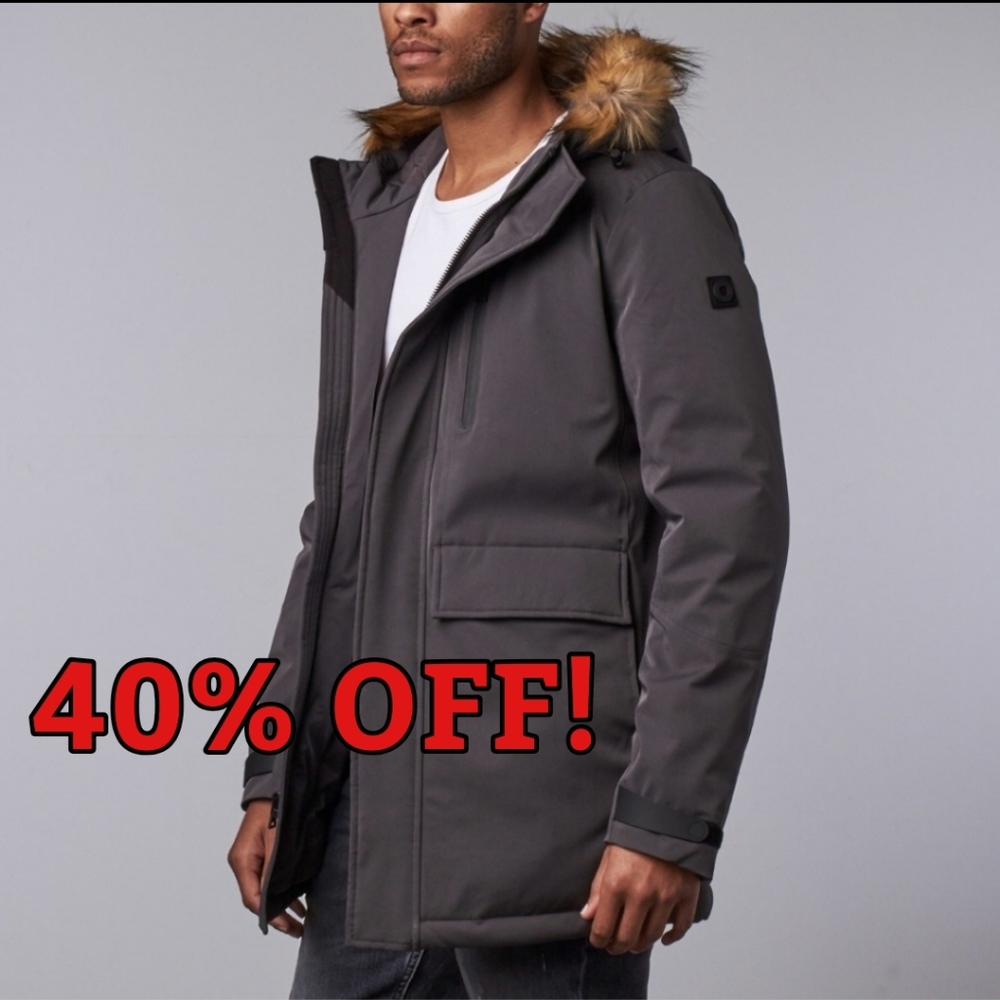 NEW Mens Goose Down Parka Coat OROBOS Faux Fur Trim Hood Charcoal gray Magnet Lg